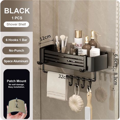 (noir-S-1) Étagère murale rectangulaire pour salle de bain, porte-serviettes, porte-shampoing mural, sans perçage (1/5)