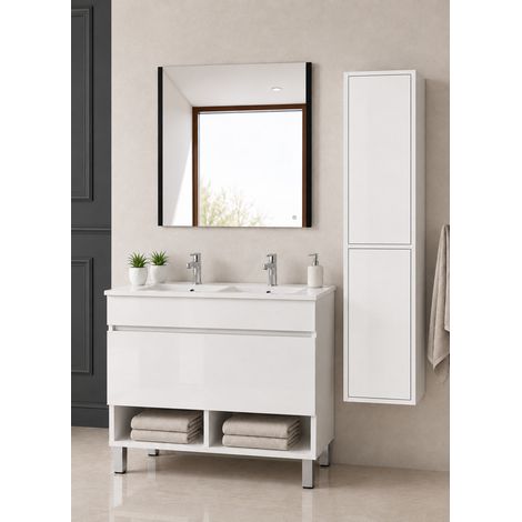 Mobile bagno con piedini con lavabo extrapiano ORIGENBATH NEBARI con piedini e cassetto senza specchio 120x45 cm doppio lavabo bianco con colonna (1/5)
