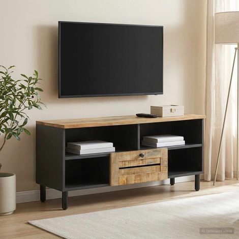 Meuble TV en bois de manguier massif, rangement, boutons en laiton, naturel, 100 x 33 x 46 cm - PANGIVO (1/5)