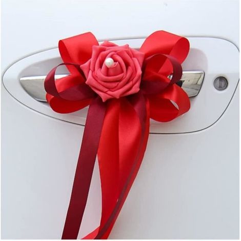 Décoration Voiture Mariage - Nœud Et Fleur Simulée - Extérieur Véhicule Cérémonie - Lot De 6 Pièces (1/4)