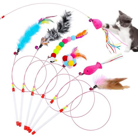 Canne a Peche Chat 7 Pièces Jouet à Plumes pour Chats Canne a Peche Jouet Interactif avec Cloche et Plumes Jouet pour Chat à ver Poisson Volant pour Chats et Chatons (1/5)