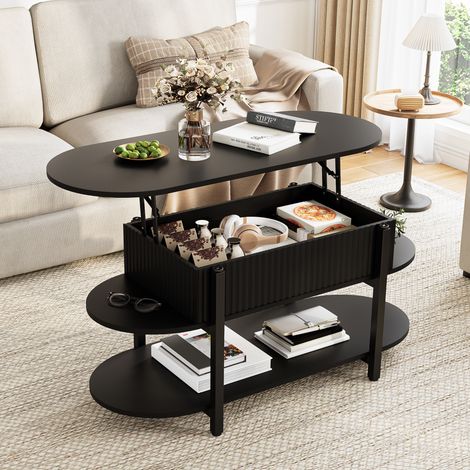 Table Basse Relevable Ovale avec Grand Coffre de Rangement Table de Salon Multi-niveaux Plateau Réglable Pieds Métal Doré Style Moderne Crème - Noir