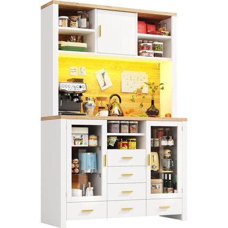 Vaisselier buffet de cuisine 120cm style campagne avec led, armoire haute 7 portes & 6 tiroirs, buffet rustique - blanc & effet bois (1/5)