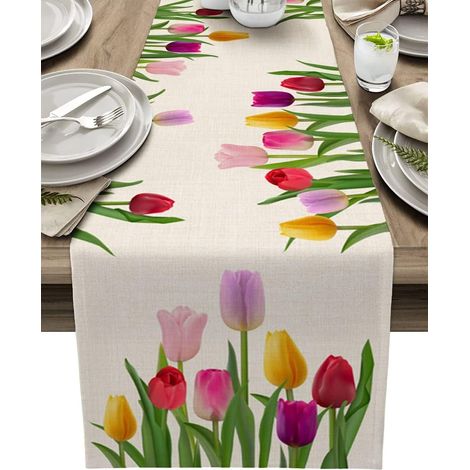 CCYKXAMode Chemin de Table Coloré Fleur Tulpe Lin Chemin de Table d'été décor de Cuisine et Salle à Manger Saisonnier d'automne Fête Anniversaire 33x180 cm (1/5)