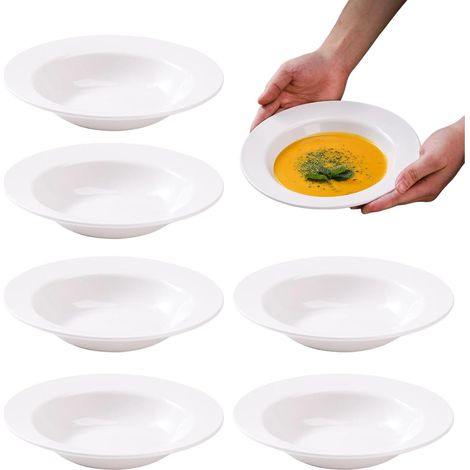 Lot de 6 assiettes à pâtes, assiettes plates, assiettes creuses, en plastique profond, grandes profondes, réutilisables, assiettes de camping, rondes, assiettes creuses pour RV, fête (1/5)