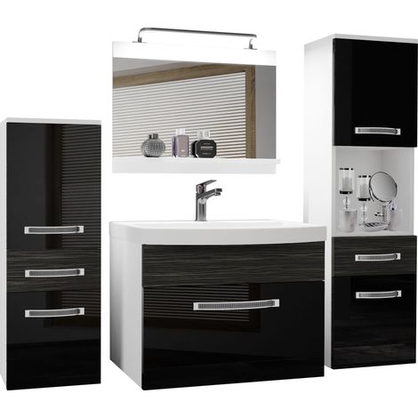 BELINI Meuble de Salle de Bain Lavabo Inclus, Meuble sous-Vasque, Miroir et 2X Cabinet Largeur: 140 cm Kit d'éclairage Inclus Couleur : Noir très Brillant/ébène Royal (1/4)