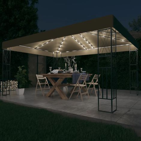 Carpa cenador de jardín con tira de luces LED 3x4 m tela taupé (1/5)