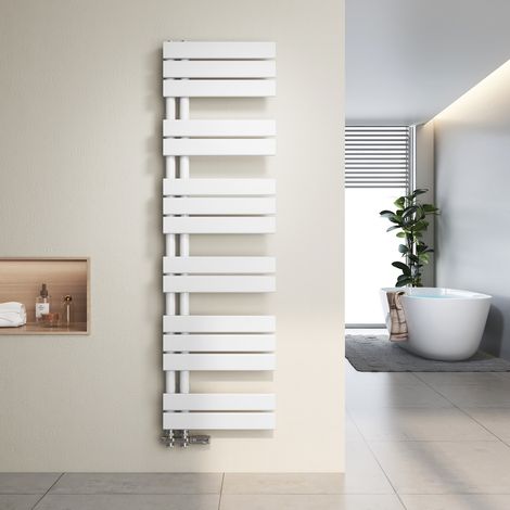Heilmetz Radiador toallero de agua caliente 138,5 x 40 cm, 570 W, Blanco, Diseño asimétrico, Tubos planos, Conexión lateral