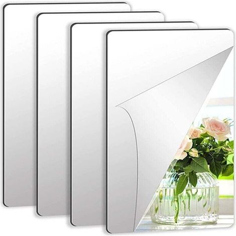 Carreaux de Miroir Adhésifs, 4 Pcs Miroir Adhésif Flexible Miroir Autocollants, Décoration Miroir Mural Autocollant pour Cuisine Salle de Bains Placards, 20 x 20 cm (1/5)