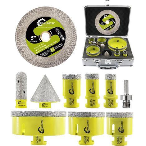 Foret Diamant Carrelage Kit - Scie Cloche Diamantée 10 pièces (20/25/35/50/68/100mm+20mm Fraise+50mm Mèches Chanfrein+125 Disque X+Adaptateur) pour Carrelage Céramique Porcelaine Marbre (1/5)