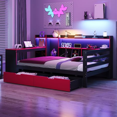 Lit multifonctionnel en bois 90x200 cm noir/rouge avec bureau, LED, prises et 2 tiroirs (1/5)