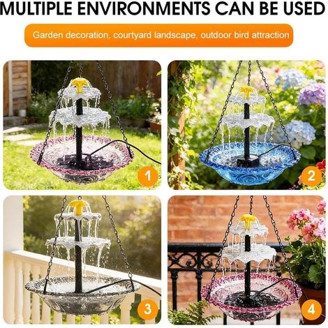 Hängendes, solarbetriebenes Vogelbad mit Wasserfall – Gartenbrunnen mit zweistufigem Wasserfall – Gartendekoration für Garten und Terrasse – Blau – 1 Stück (1/5)