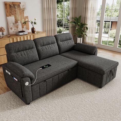 Canapé d’angle convertible 3 places avec rangement, canapé en L en chenille avec méridienne réversible et USB Type-C Gris, 208 x 131 x 88 cm (1/5)