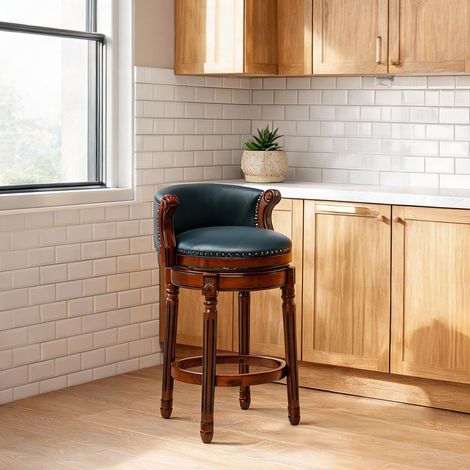 Tabouret de bar bleu en cuir véritable et bois avec pivot 360° (1/5)