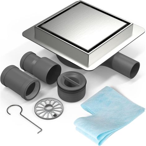 20x20cm Caniveau de Douche Carré INOX, Siphon de Sol Douche Italienne à Carreler avec Raccord DN50/DN40 Bonde Douche Extra Plate Siphon à 360° avec Anti-Odeurs et Filtre à Cheveux (1/5)