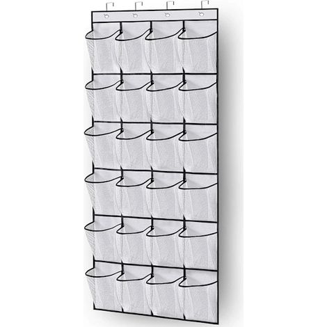 Rangement à chaussures à suspendre à la porte avec 24 grandes poches en filet, pliable, pour dressing et salle de bain, blanc (1/4)