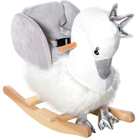 Cheval à bascule pour enfants en forme de cygne, jouet à bascule à chevaucher pour enfants de 18 à 36 mois (max 40 kg), en bois de peuplier et peluche, blanc et gris (1/5)