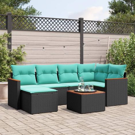 7-teiliges Gartensofa-Set mit Kissen, schwarzes Polyrattan (1/5)
