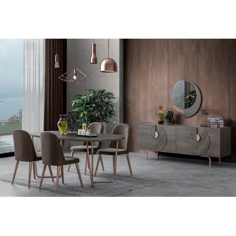 Azura Home Design – Salle à manger complète effet bois brun – Table 190x95cm avec 4 chaises – Buffet 4 portes 200x47cm – Miroir 80x64cm (1/5)