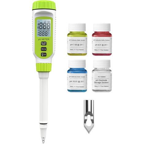 pH-mètre alimentaire numérique multifonctionnel, kit de test de pH de sol de jardin avec affichage LCD °C/°F pour les tests de pH des plantes, de l'eau et des aliments. (Vert) (1/5)
