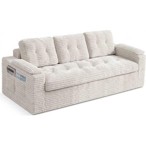 Fabulcozy 3-Sitzer-Sofa ohne Rahmen, tiefe Sitzfläche, gesteppter Cord-Sitzsack, kompakt für Wohnung, Schlafzimmer oder Wohnzimmer, keine Montage erforderlich, waschbarer Bezug (Weiß)