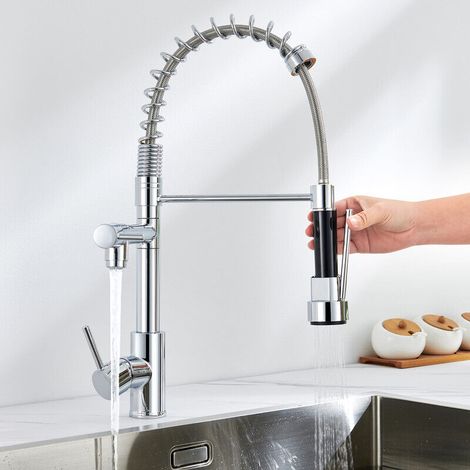 AMXCNOY AuraLum Küchenarmatur mit ausziehbarer Brause, modernem Hochauslauf, Messing, 360° schwenkbar, versenkbarer Spültischarmatur, 2 Strahlarten (1/4)