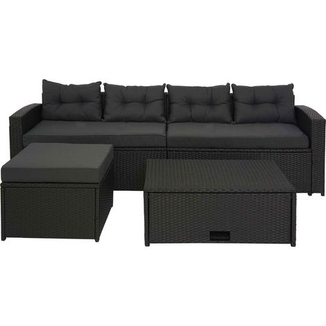 Salon de jardin en poly-rotin noir ensemble lounge balcon terrasse canapé avec rangement avec coussins gris foncé 040004205