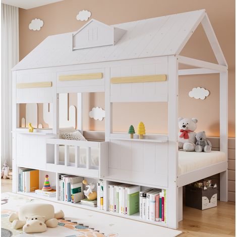 Cama infantil alta con estantería blanca 90x200 OKMYHOME (1/5)