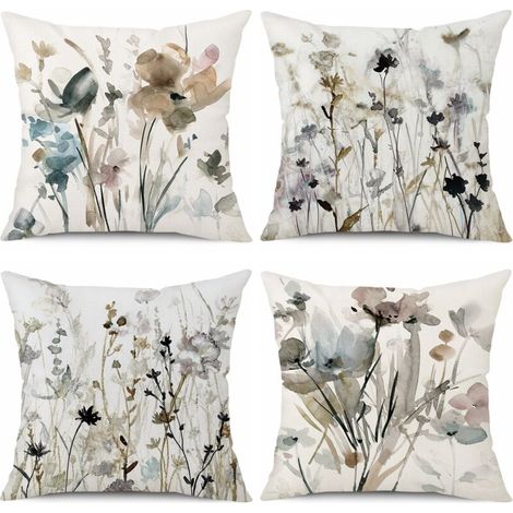 – Housse de coussin 45 x 45 cm – Lot de 4 en lin – Motif floral peinture aquarelle – Lavable en machine – Coussins décoratifs canapé