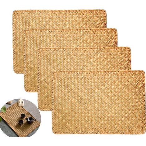 Lot de 4 sets de table en jonc de mer naturel tressé 44 x 30 cm, tapis de table décoratifs pour assiettes et verres, protection de table (1/5)