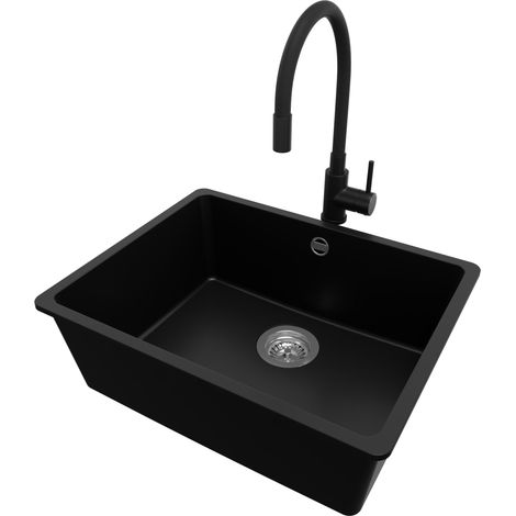 PRIMAGRAN Evier Sous Plan 56x44cm, Evier en Granit 1 bac + Robinet 40x38cm + Kit de Vidage, Évier au meuble 60cm - Venise Easy, Noir (1/5)