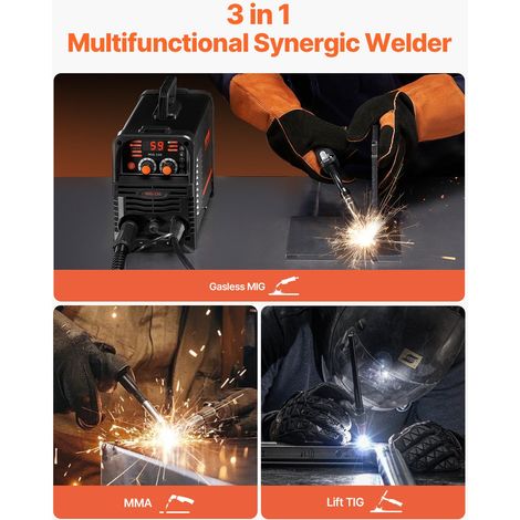 Poste à Souder MIG, 130 A, Machine de Soudage Synergique Soudeuse Portable Multi-processus MIG sans Gaz MMA Lift TIG 3 en 1 Soudeur avec Technologie Onduleur IGBT, Écran Affichage Numérique (1/5)