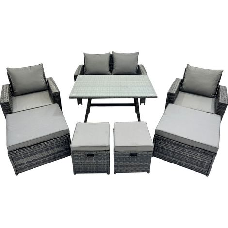 Fimous 8 Seater Wicker PE Rattan Furniture Outdoor Dining Table Double Seat Sofa 4 Stools Set Dark Grey Mixed (1/4)