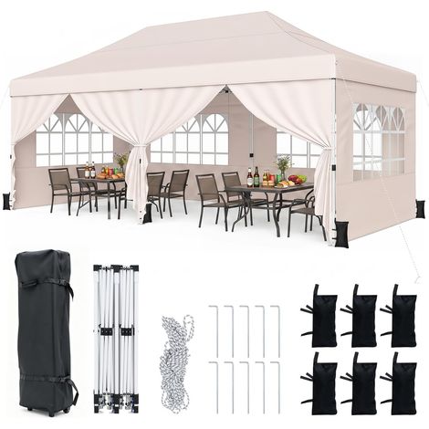 COSTWAY Gazebo da Giardino Esterno 3 x 6 m, Gazebo da Esterno Pieghevole con 6 Pareti Rimovibili e Altezza Regolabile, Tenda Pop-up Impermeabile con Borsa con Ruote, per Campeggio e Picnic (Beige) (1/5)
