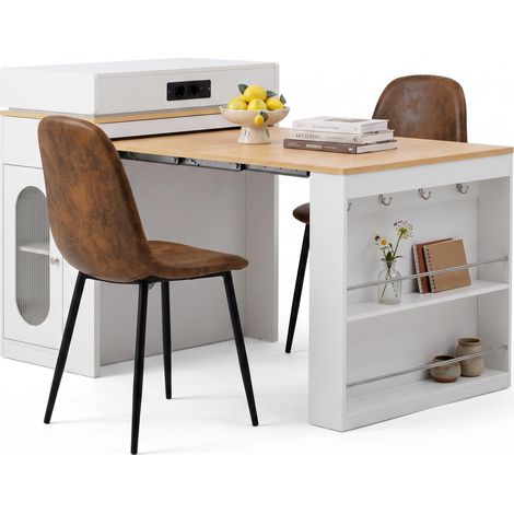 FurnitureR MDF Essgruppe mit Klapptisch und 2 Wildlederstühlen Platzsparendes 3-teiliges Set mit MDF-Klapptisch, Stauraum, Steckdose und 2 braunen Stühlen (1/5)