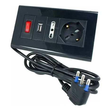 Multipresa Da Tavolo Con USB Nero 1 Presa Schuko 1 Presa Bipasso 10/16A Interruttore Spina 16A Cavo 2 Metri (1/3)