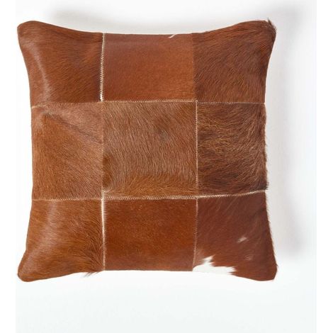 HOMESCAPES Beige Real Leather & Goat Hair Large Check Cushion with Feather Filling (1/5)