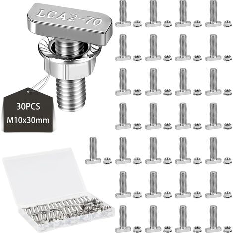 30 Pcs Boulons à Tête en T M10x30 vis à tête Marteau avec Boîte en Plastique vis de Serre en Inox avec écrous à Bride pour Serre Profilés en Aluminium Rail de Montage Solaire à 10mm Gorge