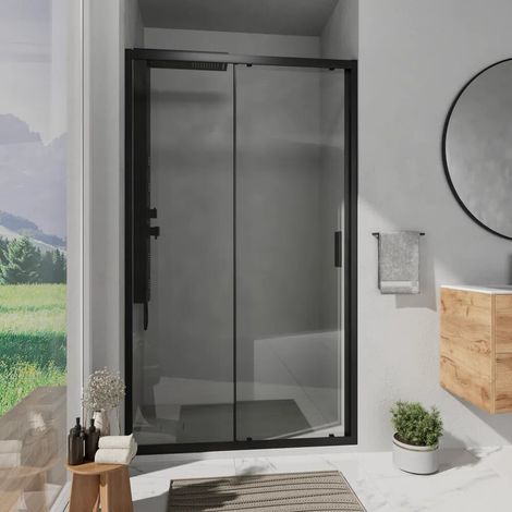 Cabine de douche 105 cm réversible ouverture coulissante profilés noir mat verre transparent 6 mm h 198 Tahiti (1/4)
