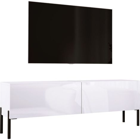 Meuble TV : Blanc Mat / Blanc Brillant Avec pieds noires, 140 × 52 × 32 cm (1/5)