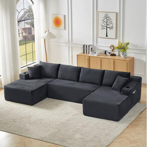 Divano angolare modulare in velluto a coste, 3 elementi, design minimalista, seduta profonda 51/122 cm, non richiede montaggio, grigio scuro