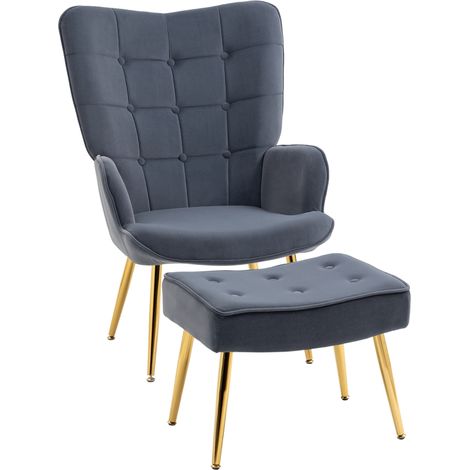 Fauteuil avec repose-pied, fauteuil salon capitonné avec dossier haut, pieds en acier doré et tissu velours, gris foncé (1/5)