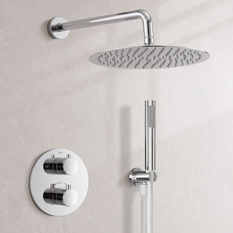 EVERSTEIN Duschsystem Chrom Regendusche Thermostat 38 Grad Unterputz 2-Funktionen-Set 12 Zoll Kopfbrause Handbrause Messingkörper 40 cm Duscharm G1/2 500.000 Zyklen geprüft