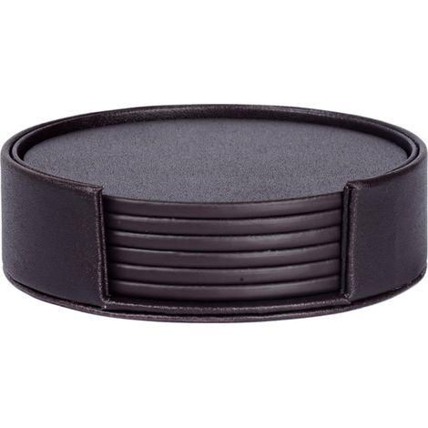 Lot de 6 sous-verres en similicuir avec support, ronds et carrés, pour boissons (bar, bière, etc.), meubles, bureau, table. Protègent de l'eau. (1/5)