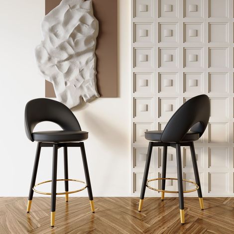 Lot de 2 tabourets de bar pivotants 360° entièrement noir coussin assise polyuréthane rembourré confortable bar salle à manger cuisine terrasse (1/5)