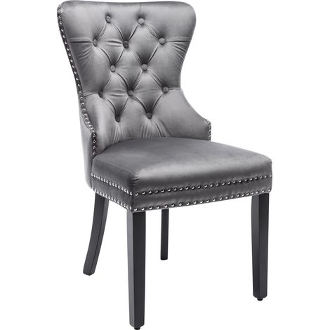 Lot de 2 chaises de salle à manger en velours avec pieds en chêne, bouton, heurtoir chromé et clous décoratifs, chaise de chambre, chaise de cuisine, chaise de salon et chaise de loisirs (gris, 2 pièc (1/5)