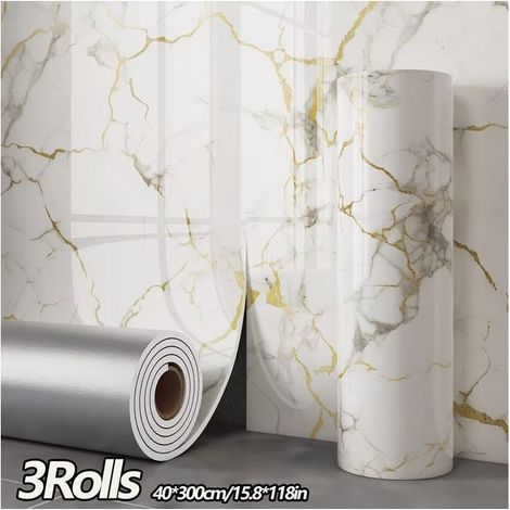 Sticker mural 3D effet marbre, 40 cm x 3 m, décoration d'intérieur, blanc doré