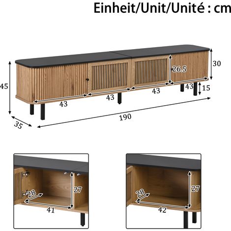 Meuble TV design contemporain, console TV basse avec rangement, meuble multimédia coulissant, 2 portes coulissantes et 2 portes grillagées, structure originale, dimensions 190 x 35 x 45 cm (L x l x H) (1/5)