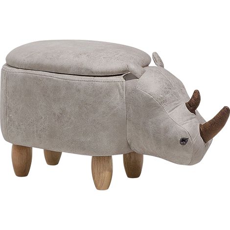 Taburete para niños forma de animal rinoceronte con almacenamiento en piel sintética gris claro patas de madera para guardería Rhino