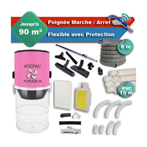 Aspirateur central PURAIR III garantie 5 ans + flexible rétractable 8 m avec housse de protection + poignée marche/arrêt + 7 accessoires + kit 1 prise RETRAFLEX + kit prise balai (rayon d'action 90 m2 (1/5)